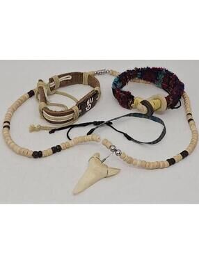 Handmade Multi-Color Woven Bracelet with Puka Beaded Necklace Leather Strap